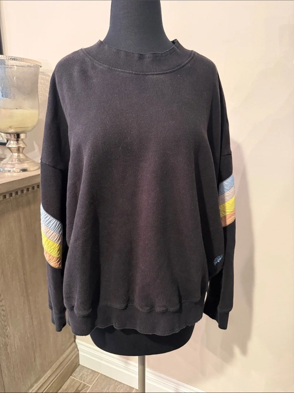 Free People Crewneck Sweater with Colorblock Sleeve Stripes